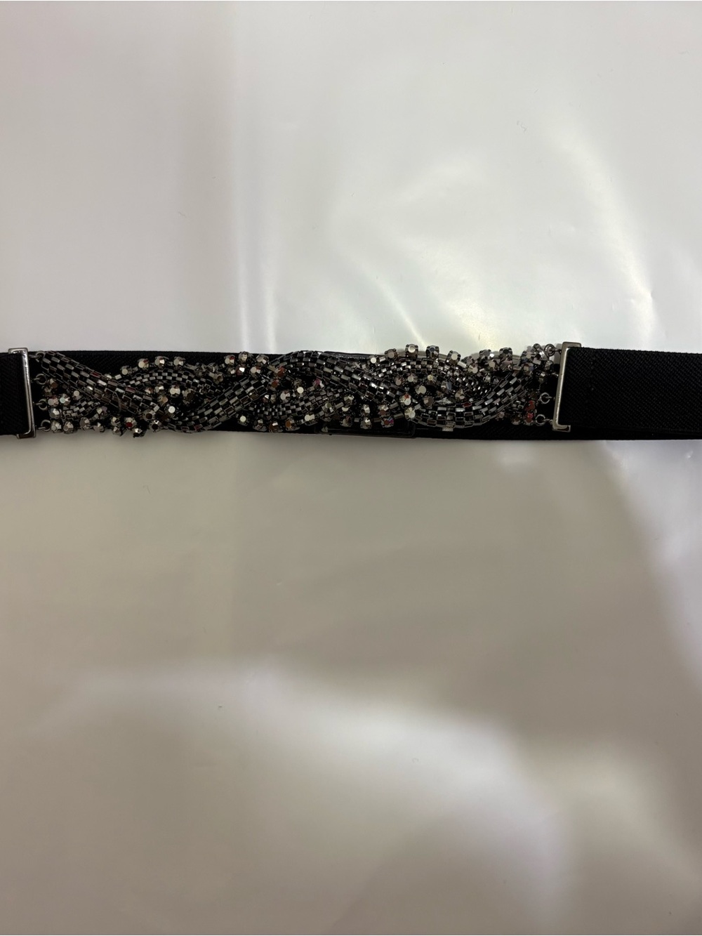 BCBGMAXAZRIA Black Embellished Stretch Belt XS Gunmetal Beaded Waist Belt